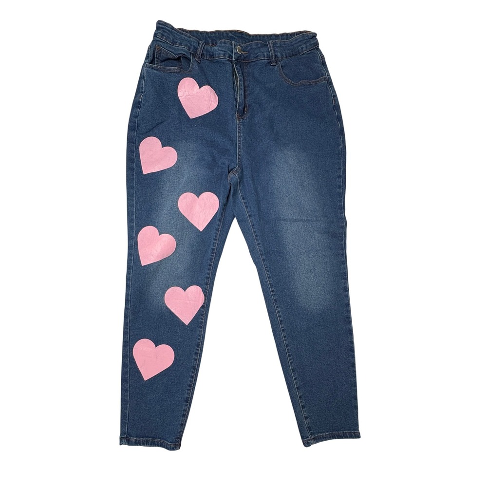 Shein SXY Curve High Rise Embellished Jeans 2XL Pink Hearts Romantic US 16